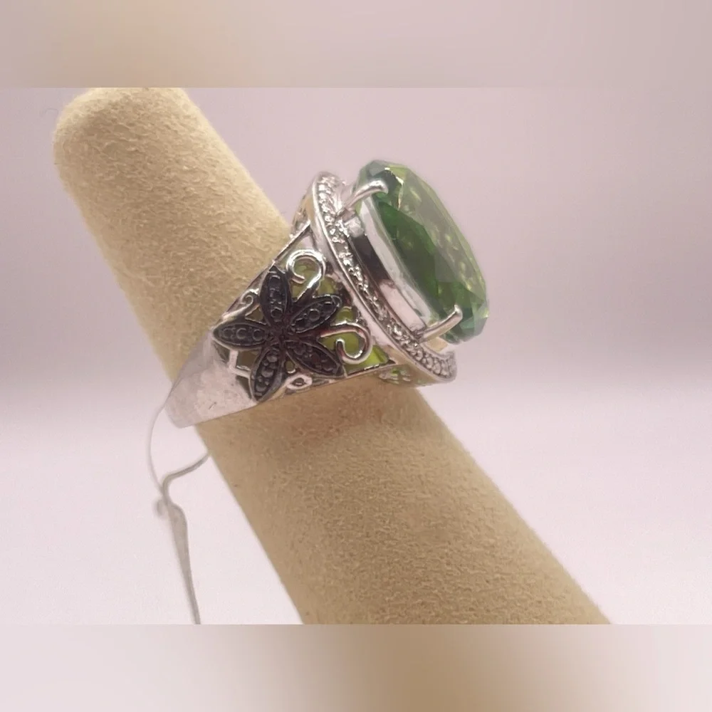 Simulated peridot in sterling silver with black rhinestone accents